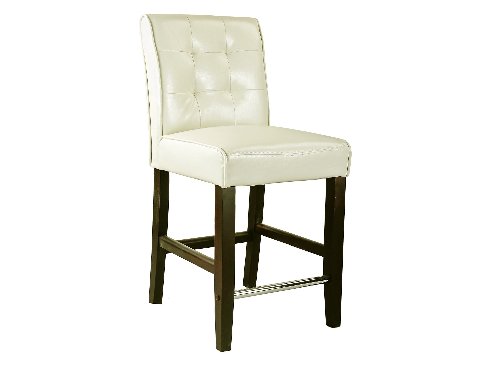 Cream counter height bar stool with padded seat, wooden legs, and footrest.