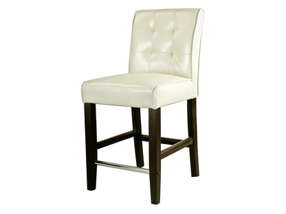 Cream counter height bar stool with cushioned seat, wooden legs, and footrest, perfect for modern kitchen or bar areas.