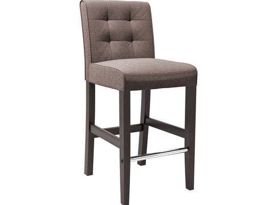 Brown bar stool with cushioned seat, dark wooden legs, and footrest. Upholstered in rich brown leather, featuring a sleek, modern design perfect for kitchen islands or home bars.