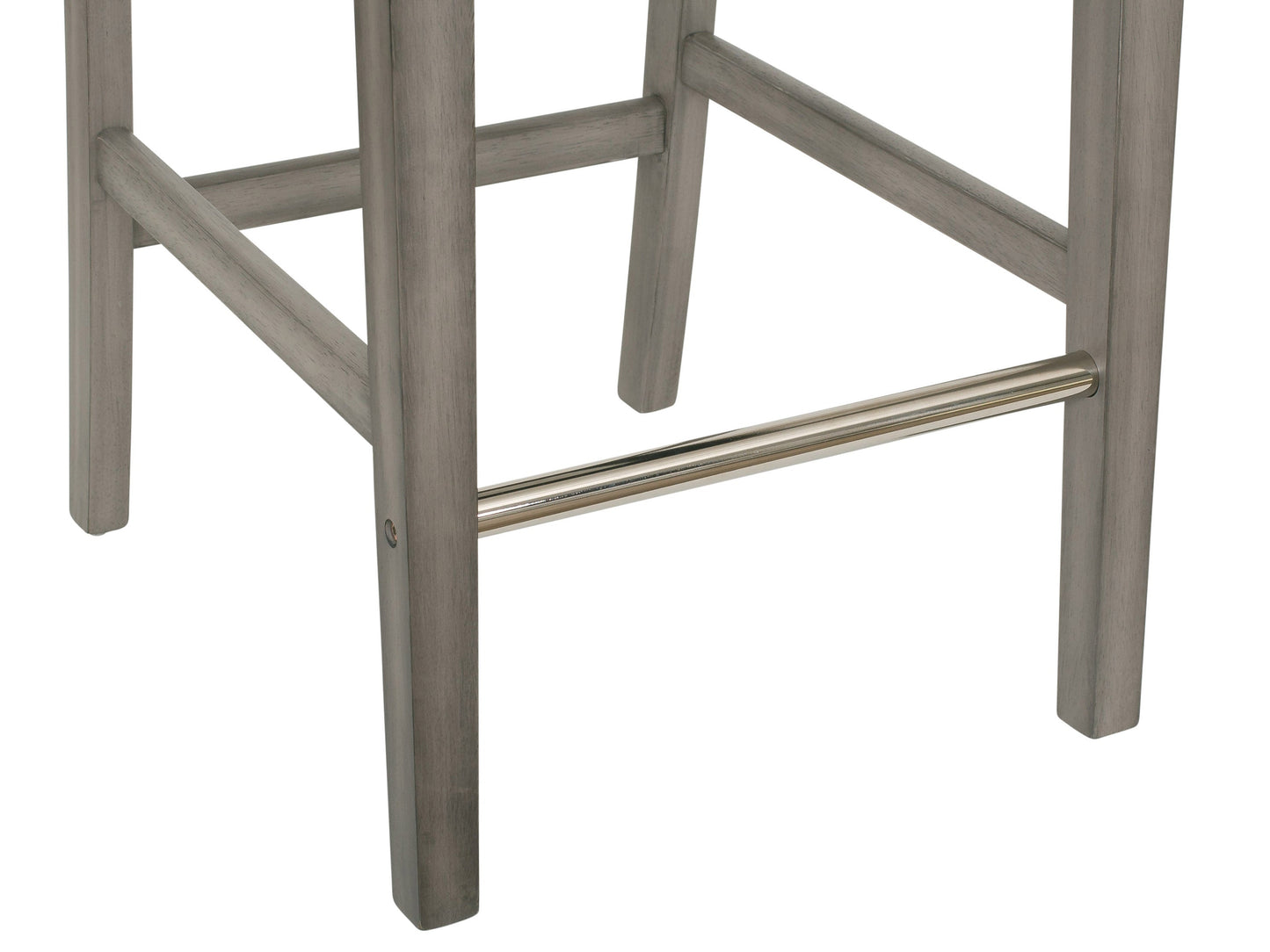 Silver grey fabric bar height stool with cushioned seat, sleek wooden legs, and modern design.