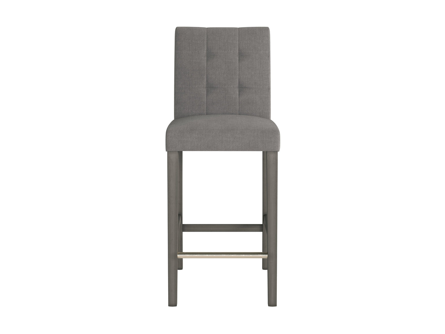 Silver grey fabric bar height stool with cushioned seat, wooden legs, and a sleek modern design.