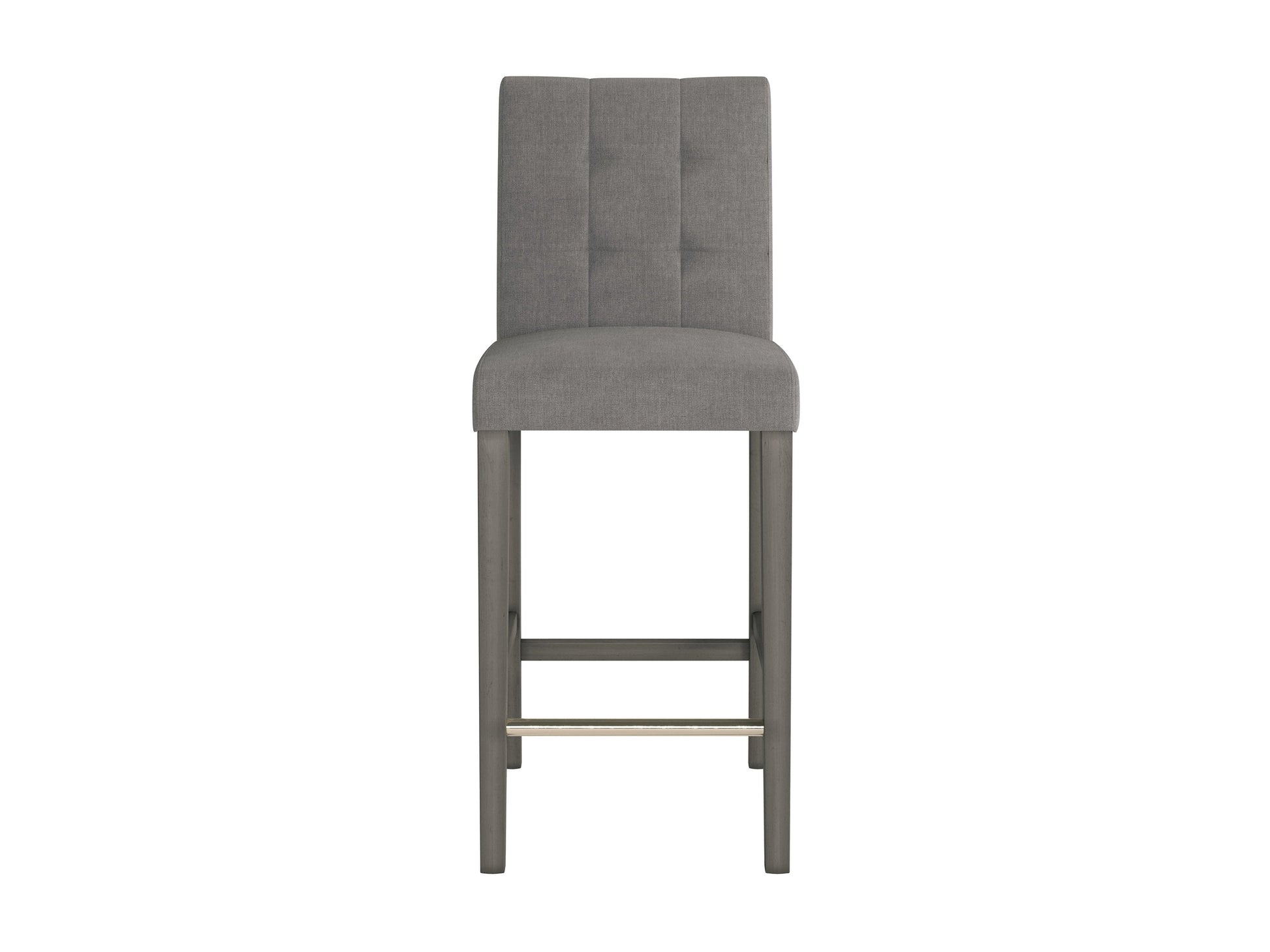 Silver grey fabric bar height stool with cushioned seat, wooden legs, and a sleek modern design.