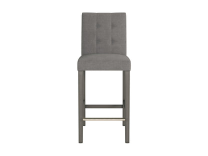 Silver grey fabric bar height stool with cushioned seat, wooden legs, and a sleek modern design.