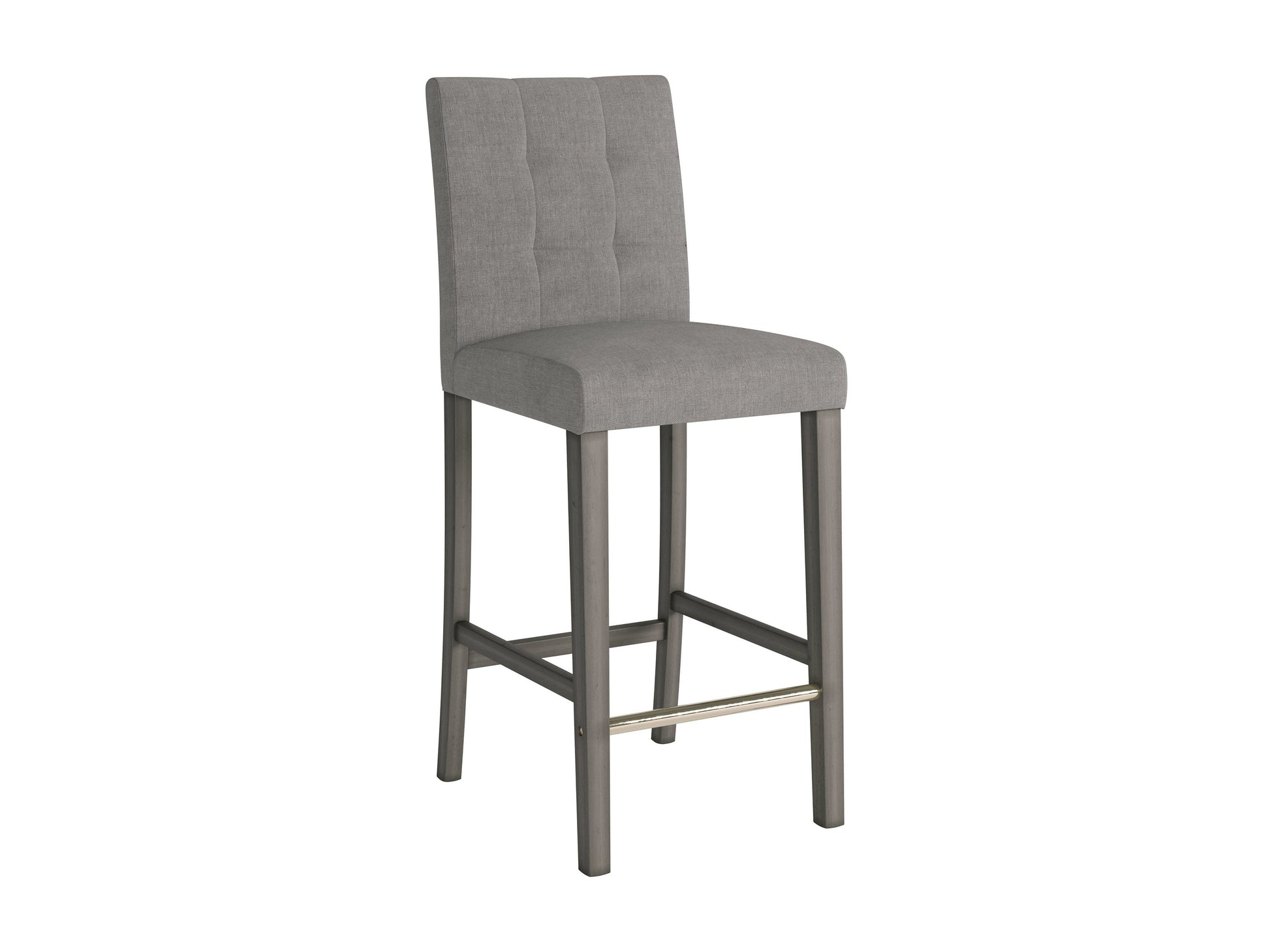 Silver grey fabric bar stool with tufted back, wooden legs, and modern design.