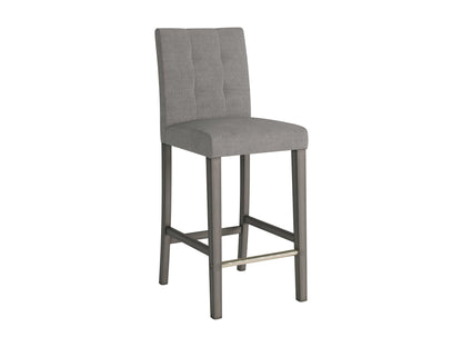 Silver grey fabric bar stool with tufted back, wooden legs, and modern design.