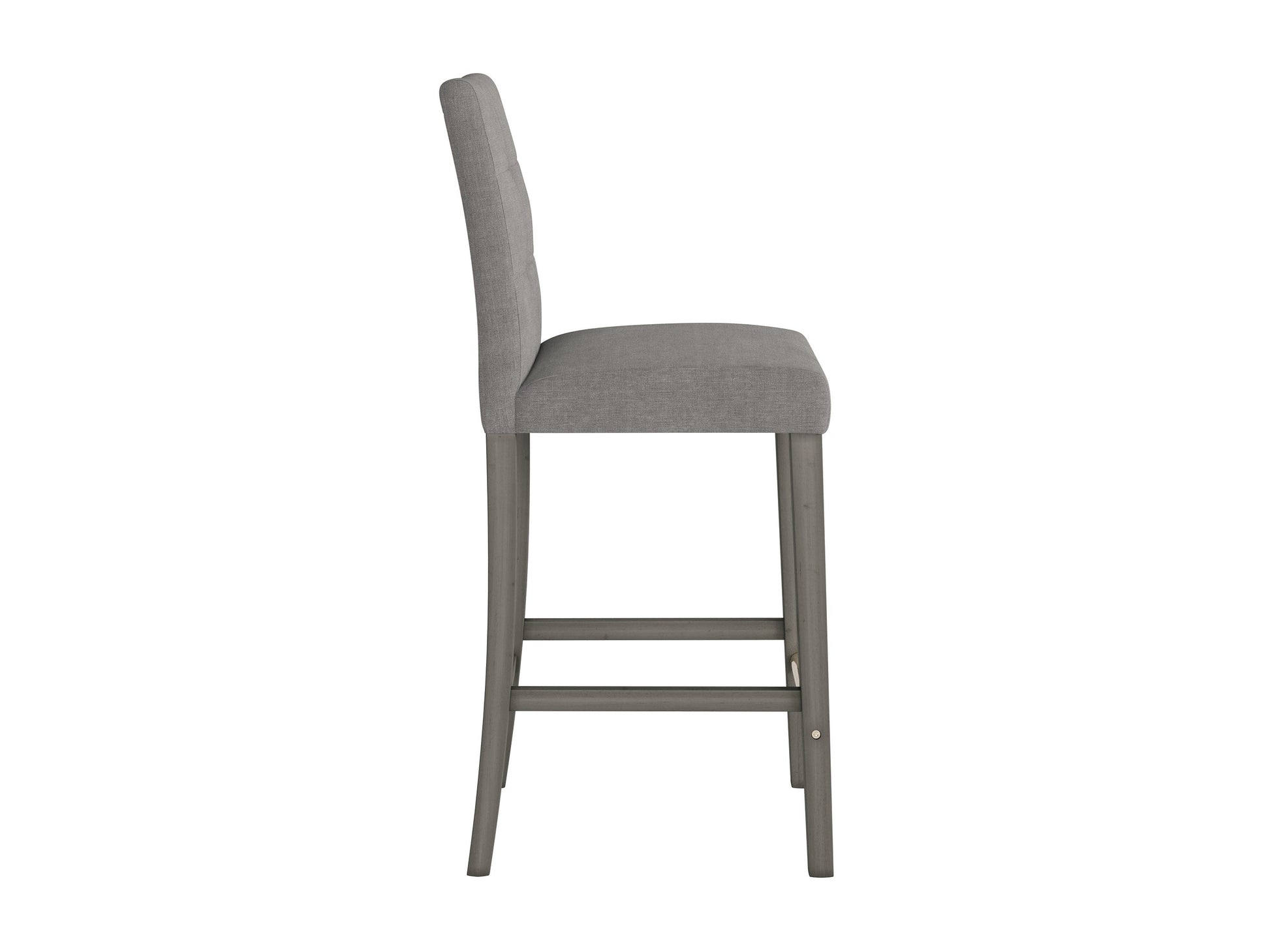 Silver grey fabric bar stool with cushioned seat, sleek wooden legs, and contemporary design for modern kitchens and bars.