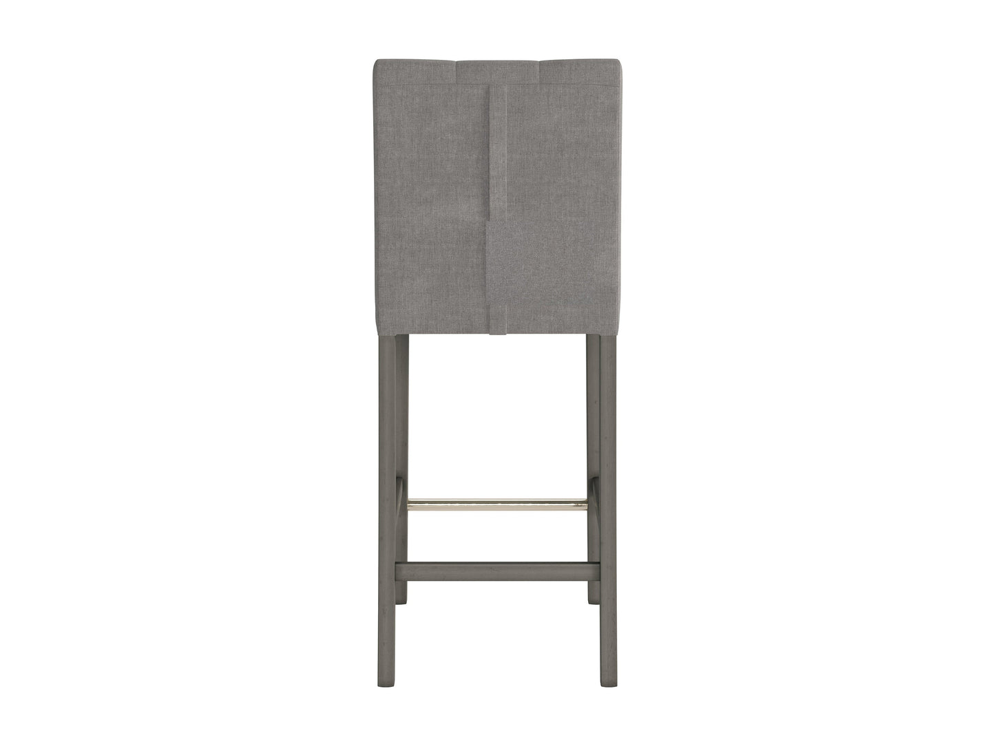 Silver grey fabric bar stool with cushioned seat, sleek wooden legs, and a contemporary design.