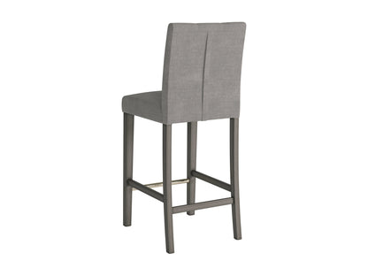 Silver grey fabric bar height stool with cushioned seat, black metal legs, and modern minimalist design.