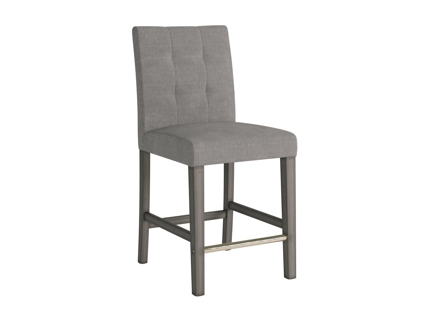 Silver grey fabric counter height bar stool with tufted backrest and dark wooden legs.