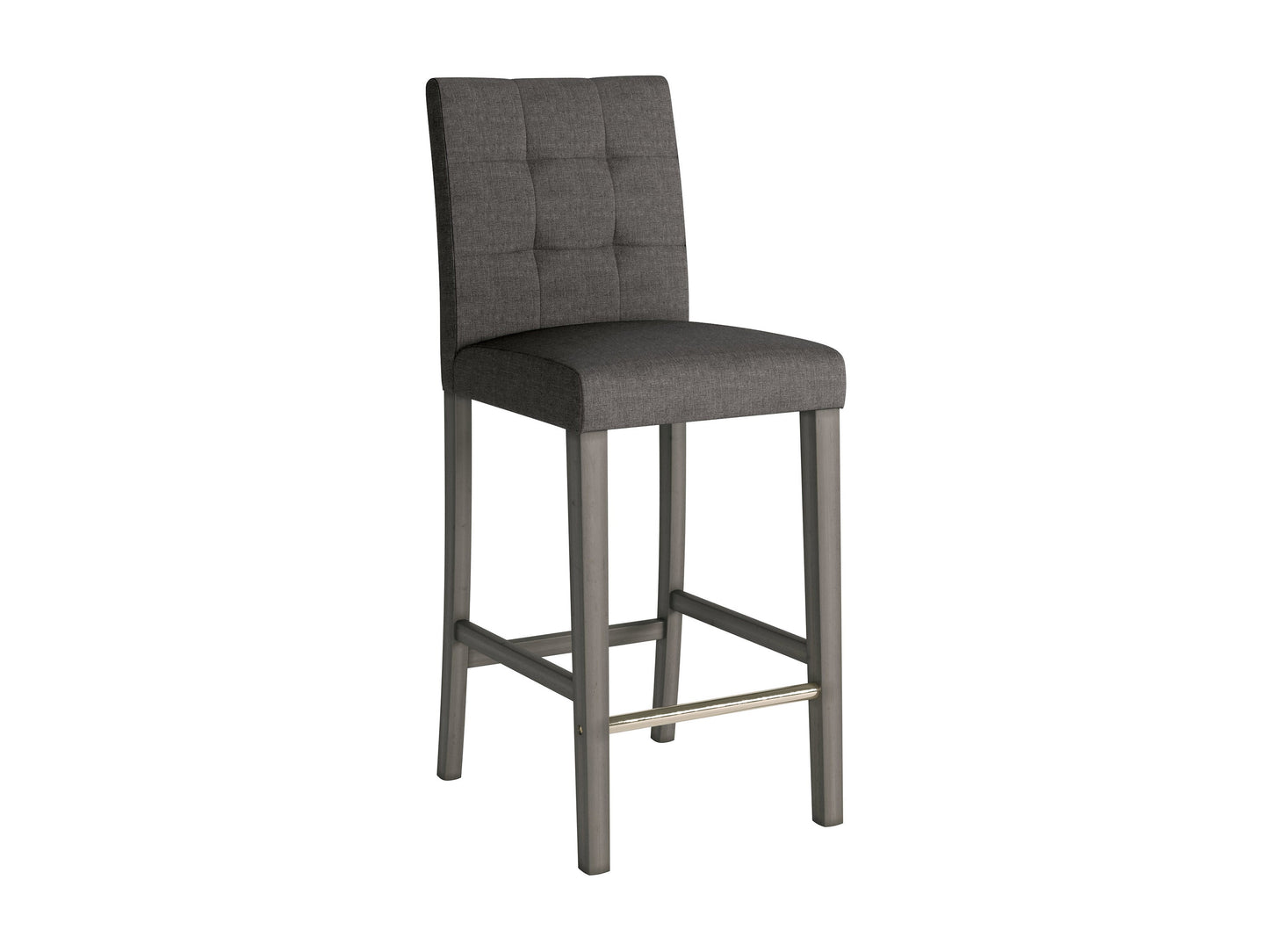 Charcoal brown fabric bar stool with cushioned seat, sleek wooden legs, and modern minimalist design.