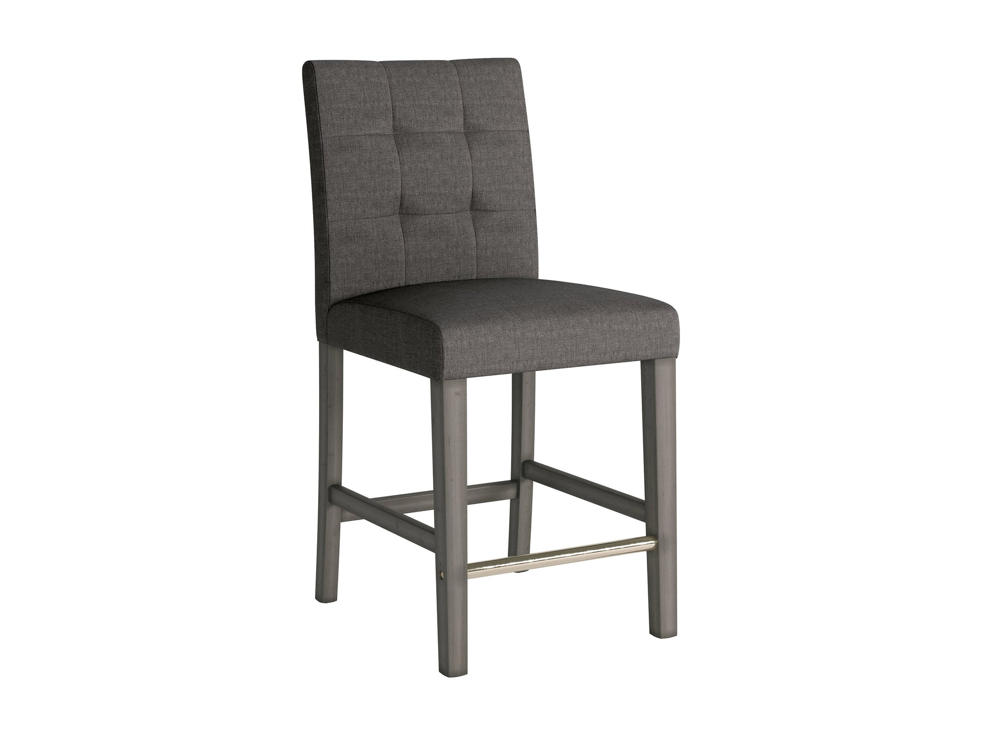 Charcoal brown fabric counter height stool with cushioned seat, wooden legs, and a modern design.