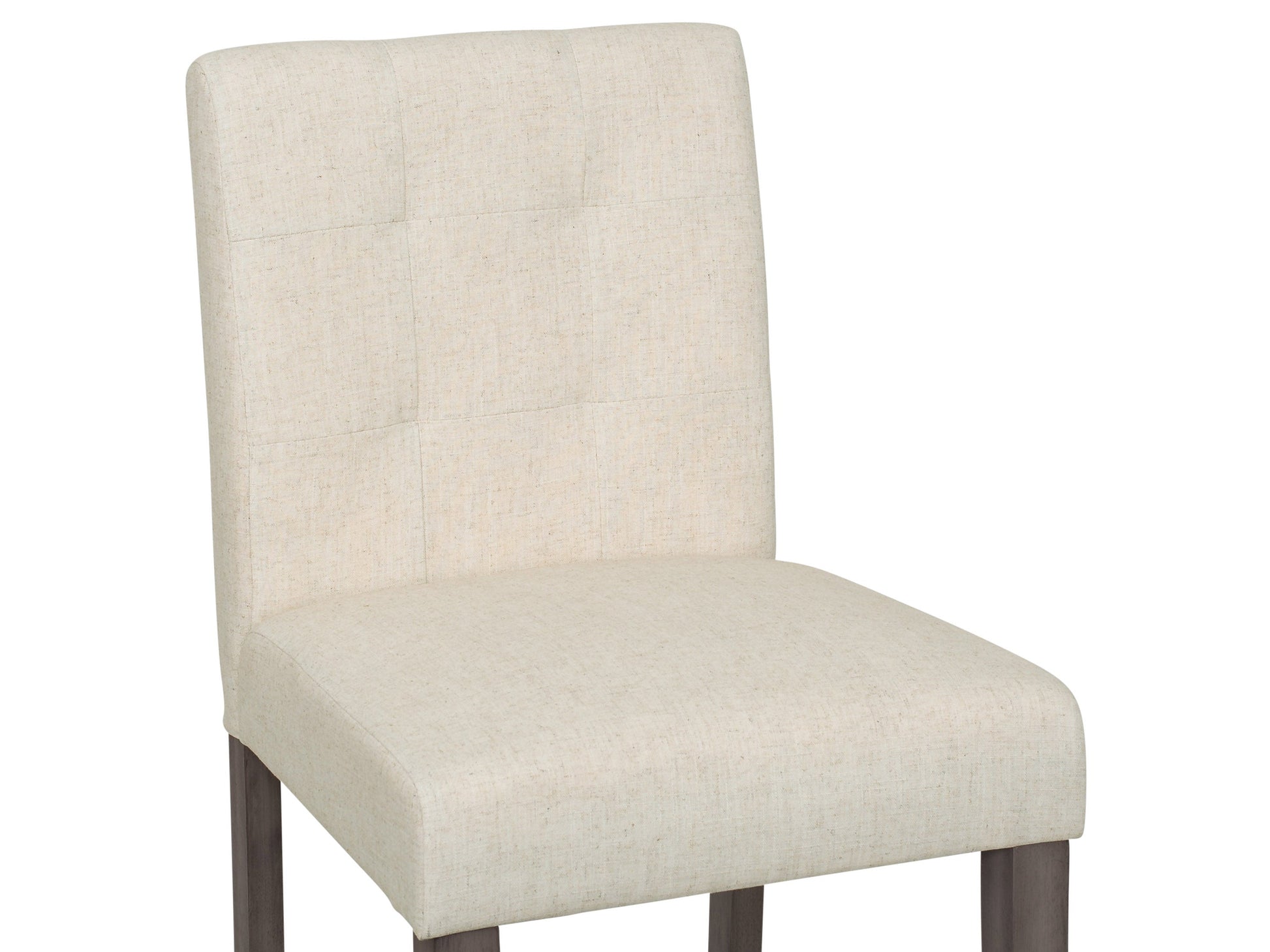 Beige fabric bar stool with padded seat, black metal legs, and footrest for modern kitchen or bar area.