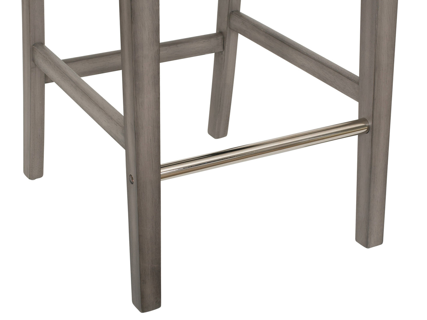 Beige fabric bar height stool with wooden legs and footrest, modern design.