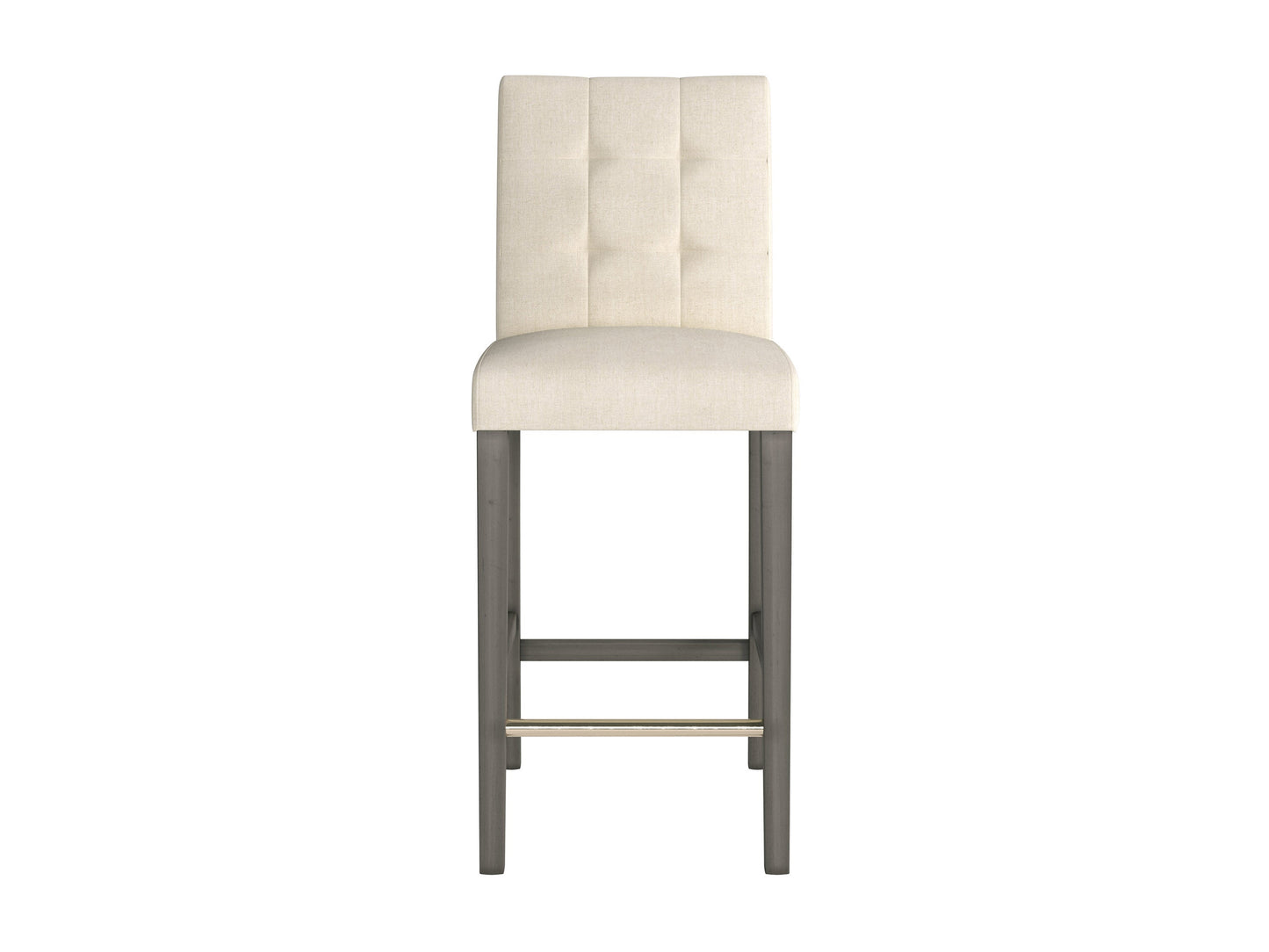 Beige fabric bar stool with cushioned seat, wooden legs, and footrest, perfect for modern kitchen or bar areas.