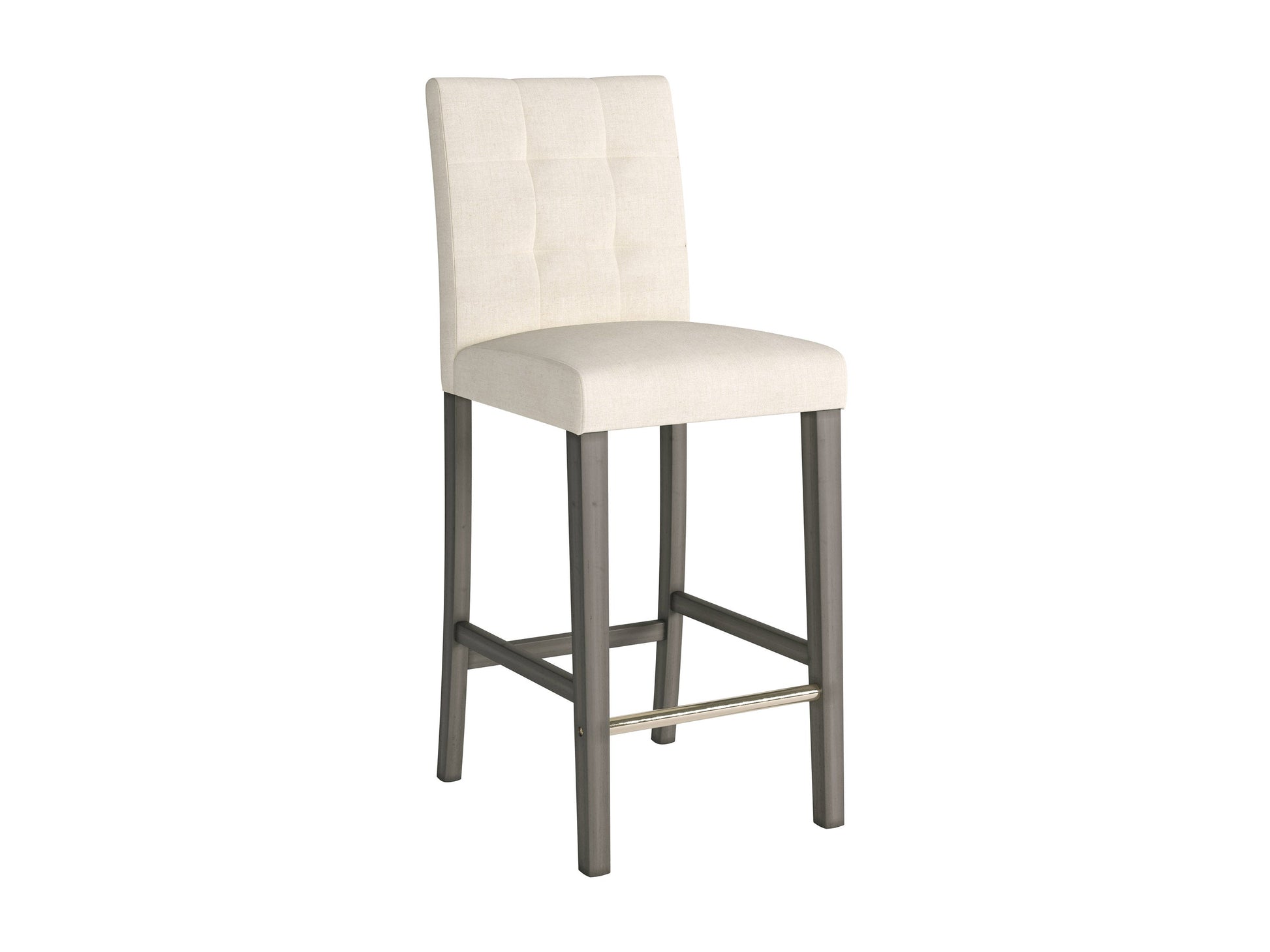 Beige fabric bar height stool with wooden legs and footrest, modern minimalist design, ideal for kitchen or bar area.