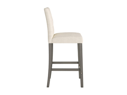 Beige fabric bar height stool with wooden legs and tufted backrest.