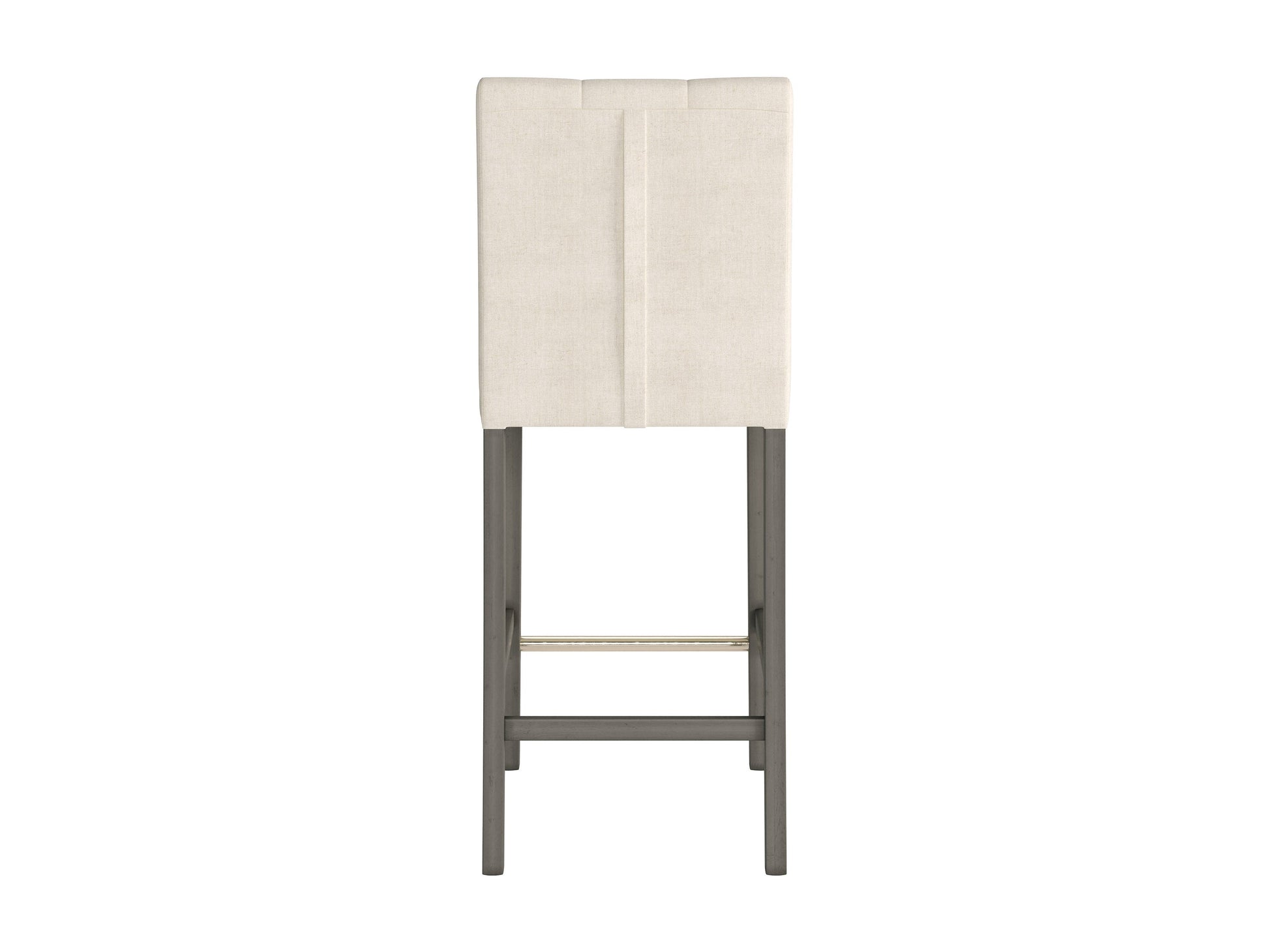 Beige fabric bar height stool with wooden legs and cushioned seat, ideal for modern kitchen or home bar setups.