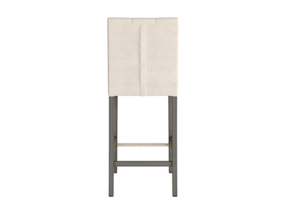 Beige fabric bar height stool with wooden legs and cushioned seat, ideal for modern kitchen or home bar setups.