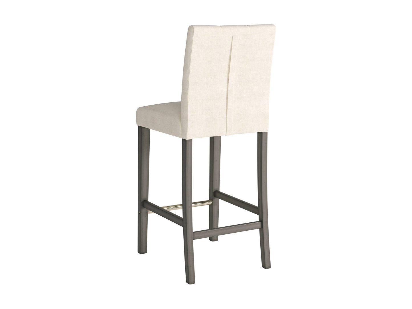 Beige fabric bar height stool with wooden legs and padded seat.