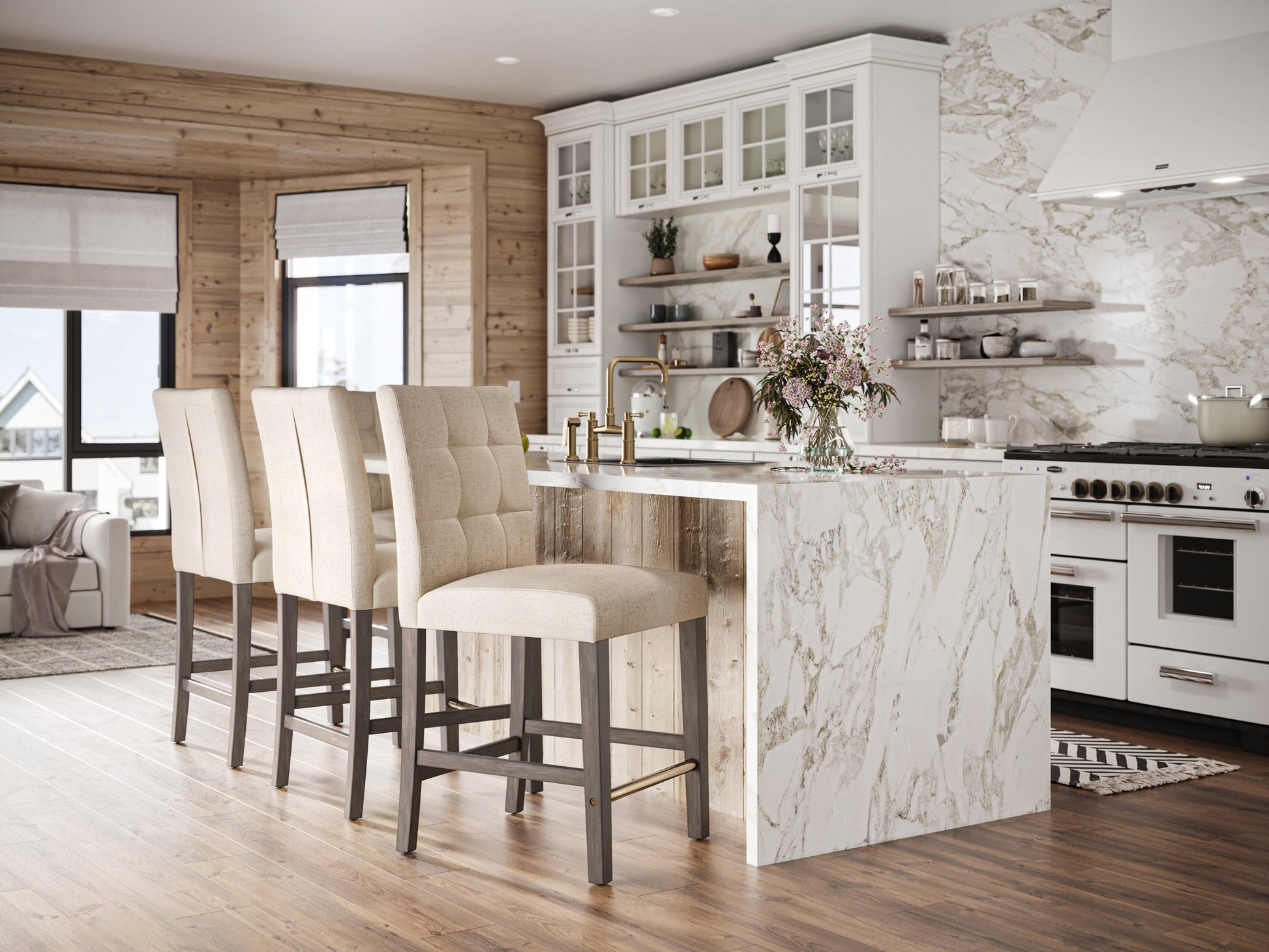 Beige fabric counter height bar stool with cushioned seat, wooden legs, and contemporary design.