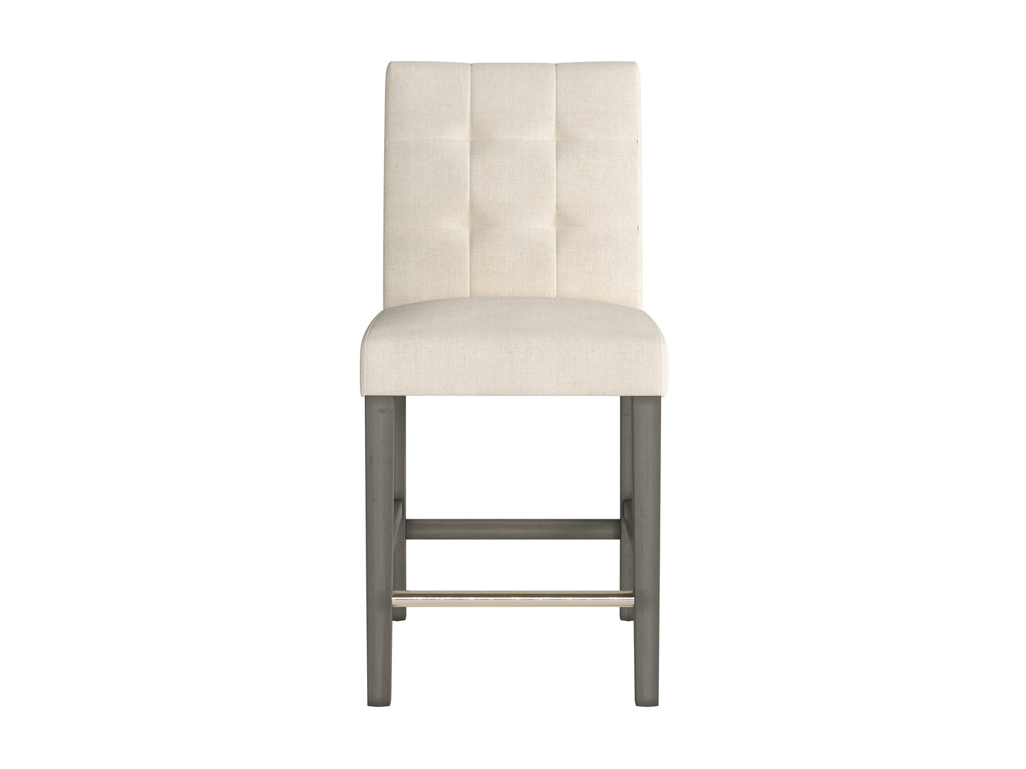 Beige fabric counter height bar stool with cushioned seat, wooden legs, and contemporary design.