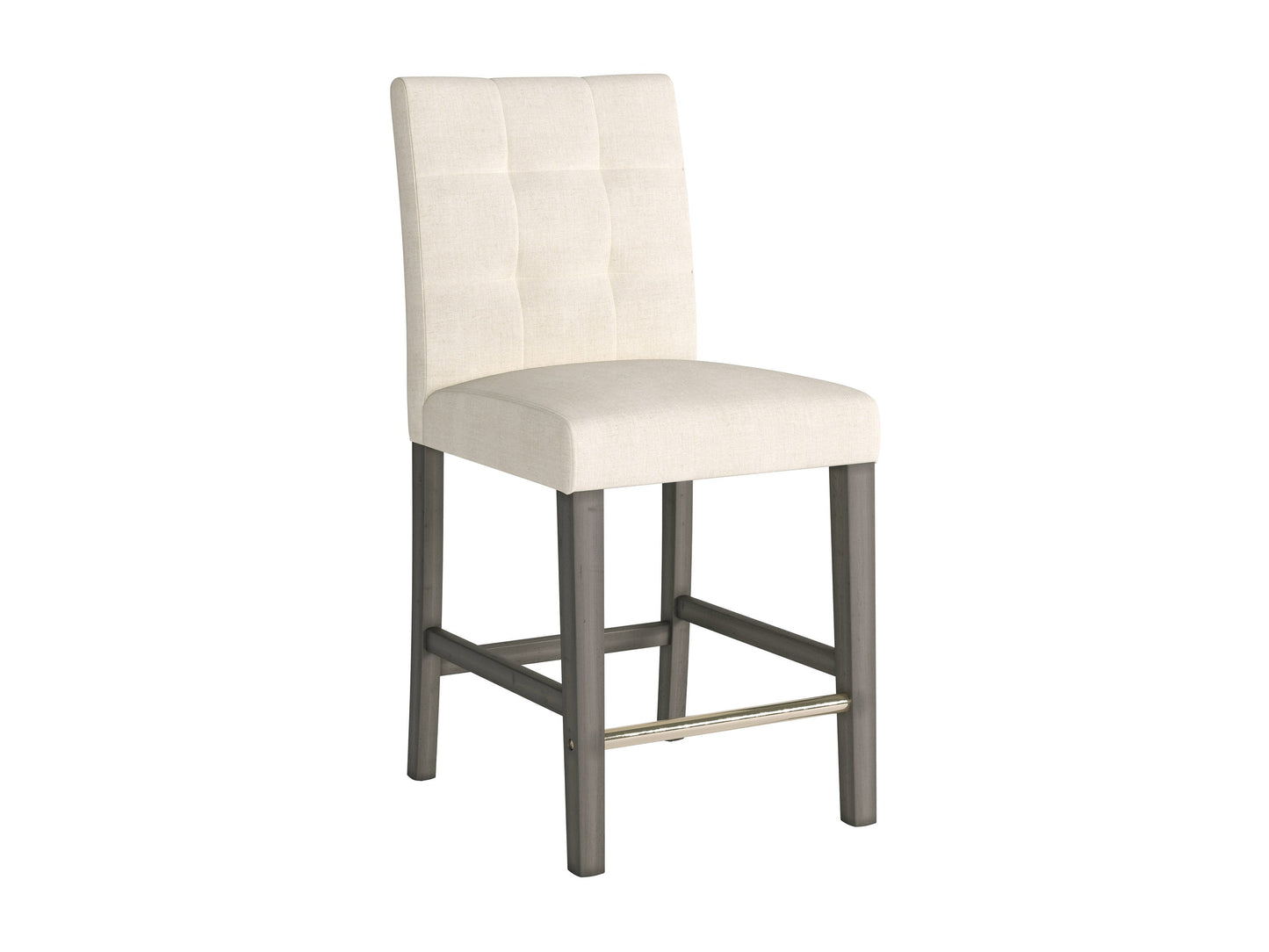 Beige fabric counter height bar stool with cushioned seat, wooden legs, and footrest.