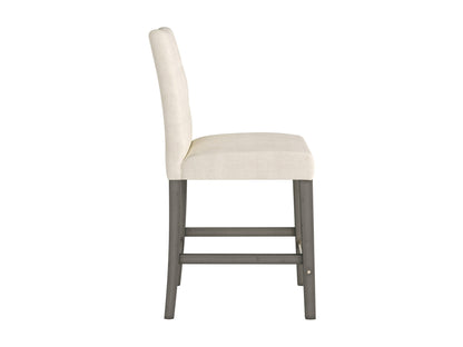 Beige fabric counter height bar stool with cushioned seat, wooden legs, and footrest.