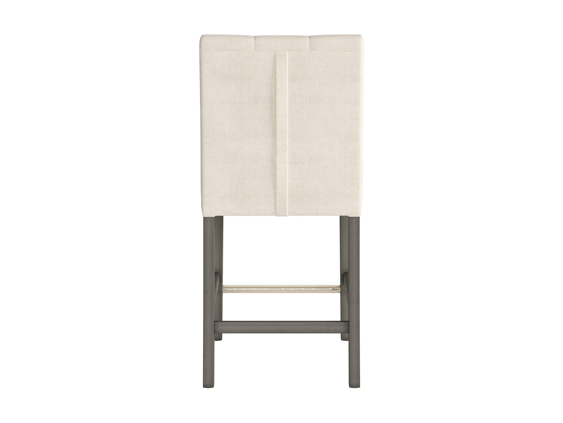 Beige fabric counter height bar stool with wooden legs and tufted backrest.