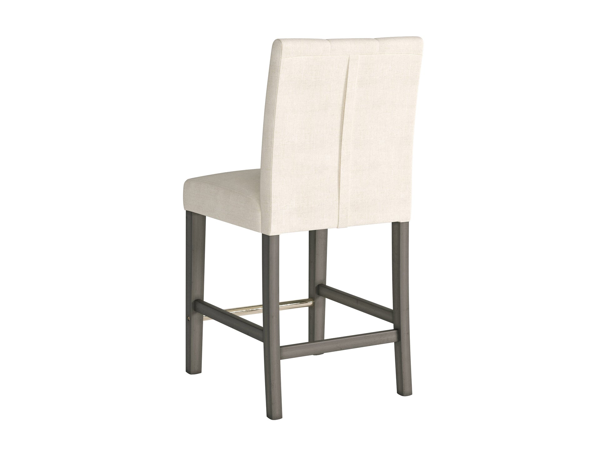 Beige fabric counter height stool with cushioned seat, dark wood legs, and a modern design.