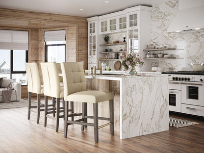 Warm white vegan leather bar stool with counter height, sleek metal legs, and a minimalist design.