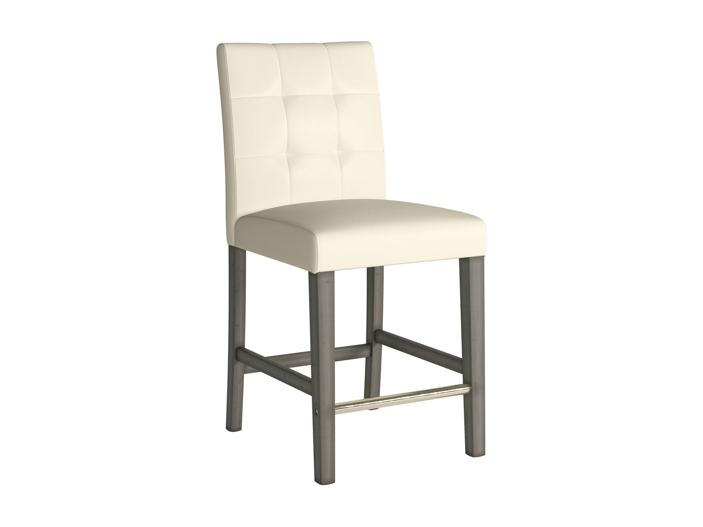 Warm white vegan leather counter height stool with black metal legs and padded seat.