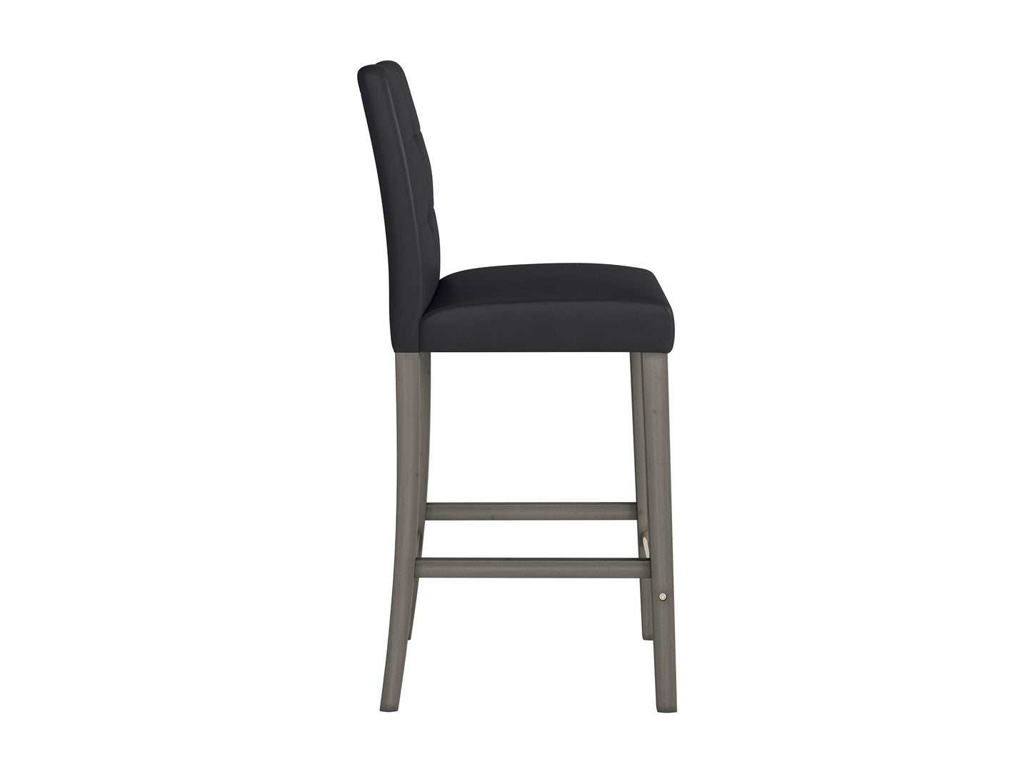 Black vegan leather bar height stool with sleek metal legs and a minimalist design.