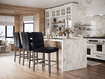 Black vegan leather bar stool with sleek metal legs, counter height, and modern minimalist design.