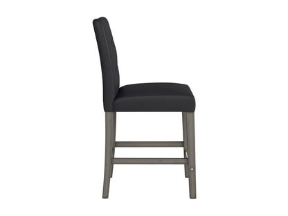 Black vegan leather counter-height bar stool with sleek metal legs and cushioned seat.