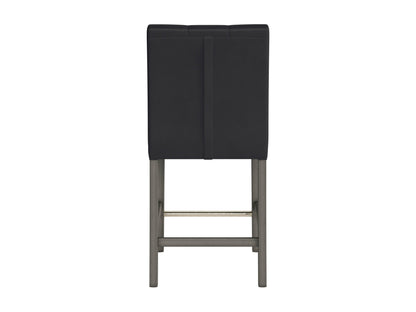 Black vegan leather counter height bar stool with sleek metal legs and cushioned seat.