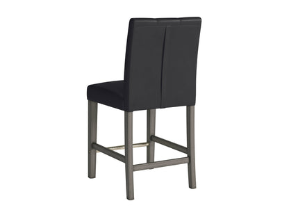 Black vegan leather counter height bar stool with sleek metal legs and cushioned seat.