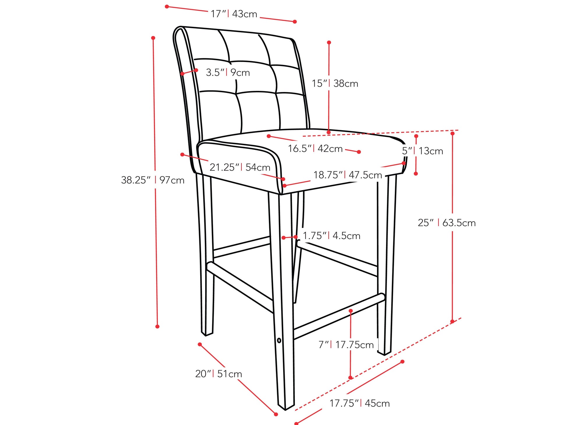 Dark brown counter height bar stool with cushioned seat, wooden frame, and footrest for kitchen or bar use.