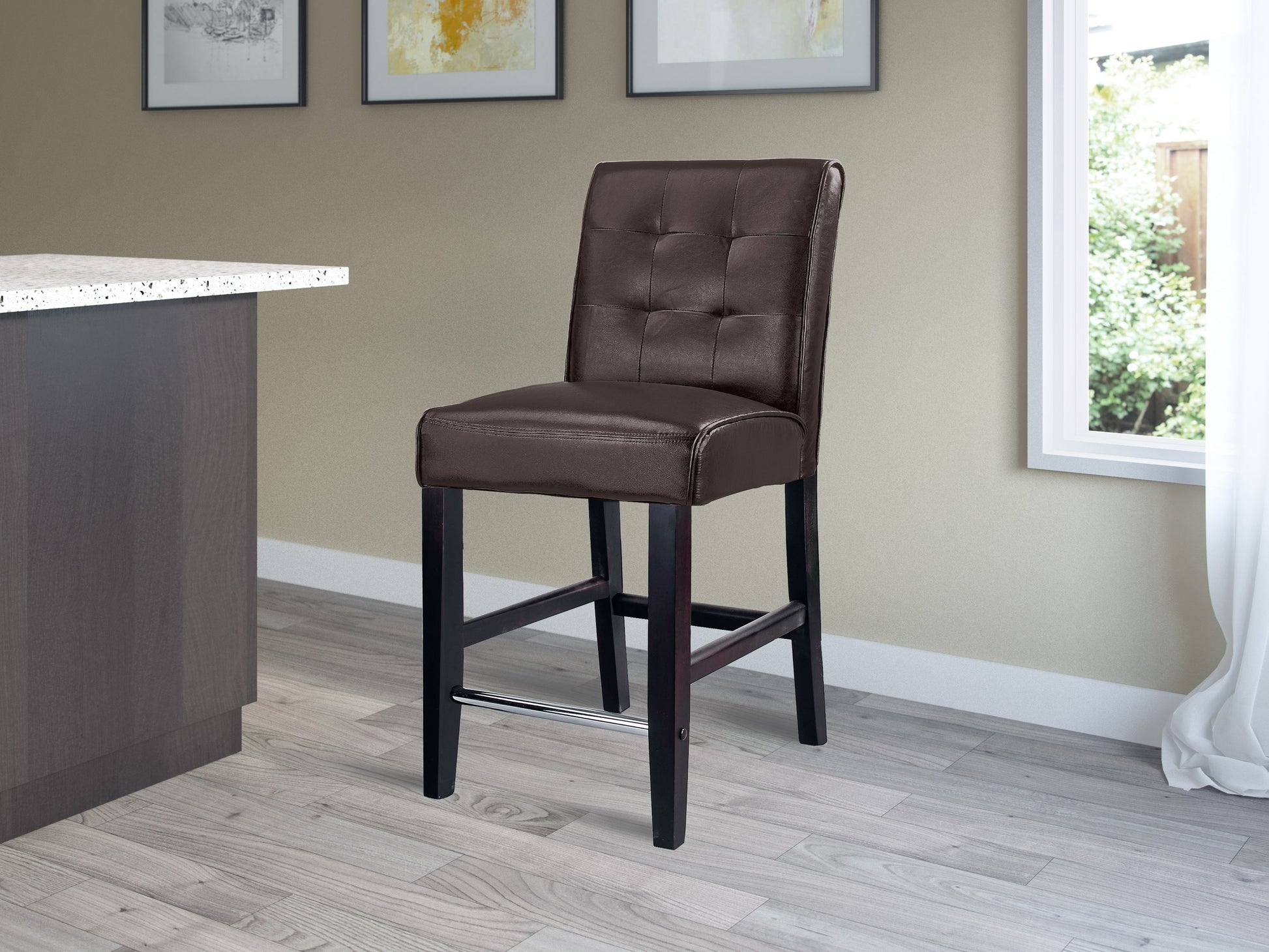 Dark brown counter height bar stool with cushioned seat, wooden frame, and sleek design for modern kitchens and bars.