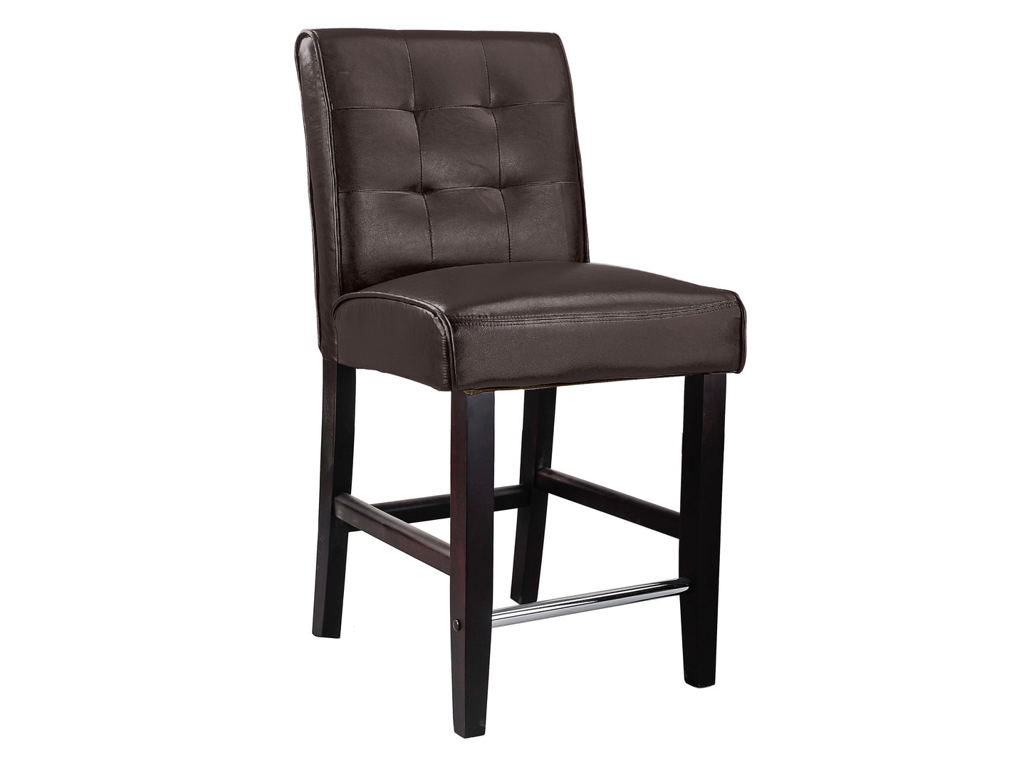 Dark brown counter height bar stool with cushioned seat, wooden legs, and footrest for kitchen or bar area.