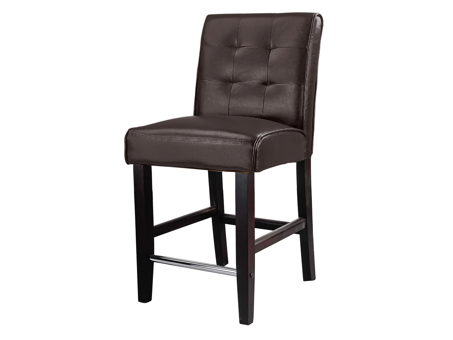 Dark brown counter height bar stool with cushioned seat, wooden legs, and footrest, perfect for modern kitchens and bars.