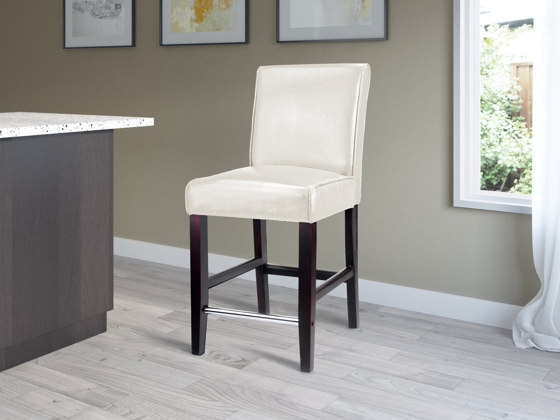 White wooden bar stool, counter height, with a sleek minimalist design and sturdy construction.