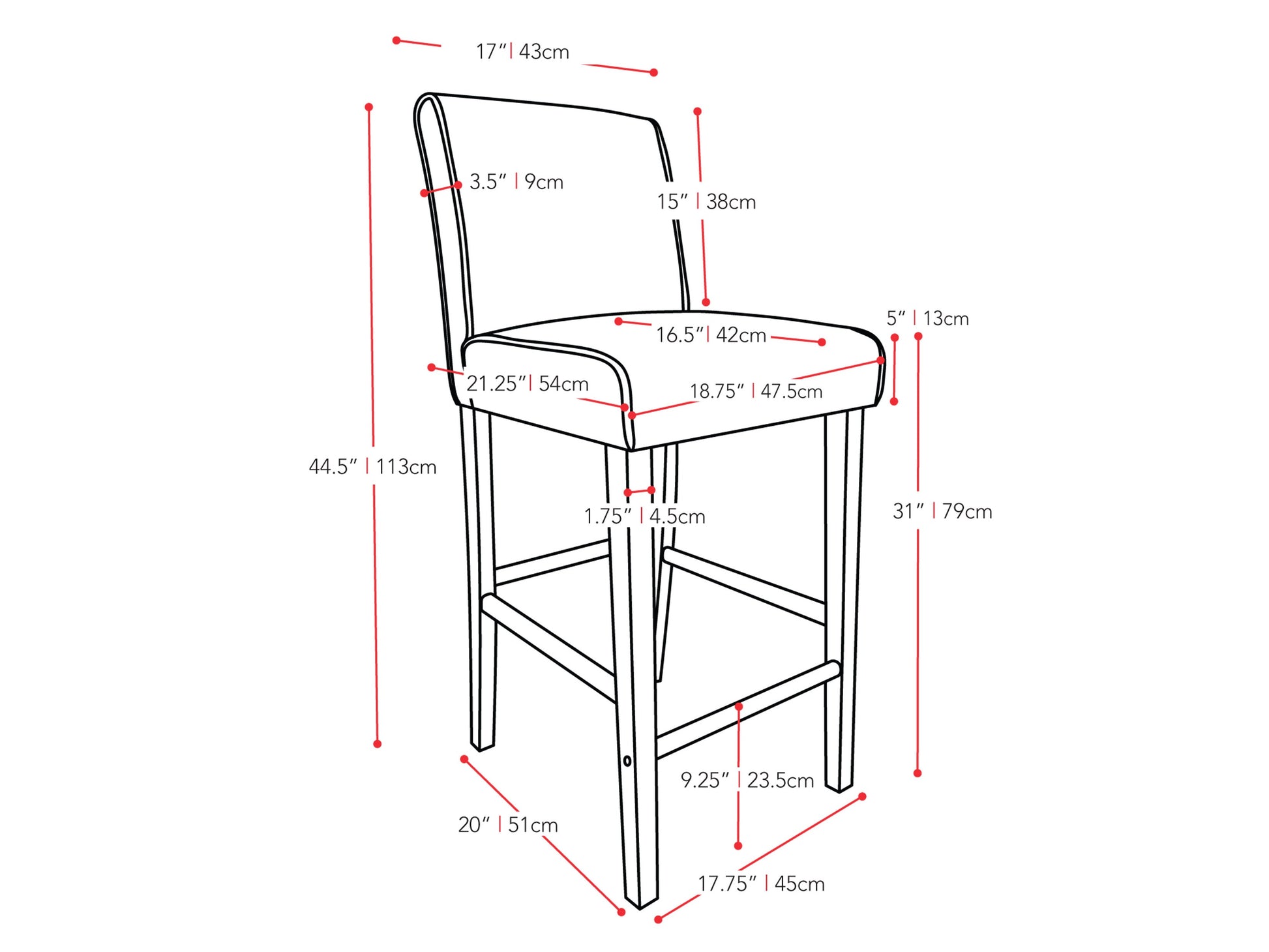 Red wooden bar stool, bar height, with sleek design, durable construction, and comfortable round seat.