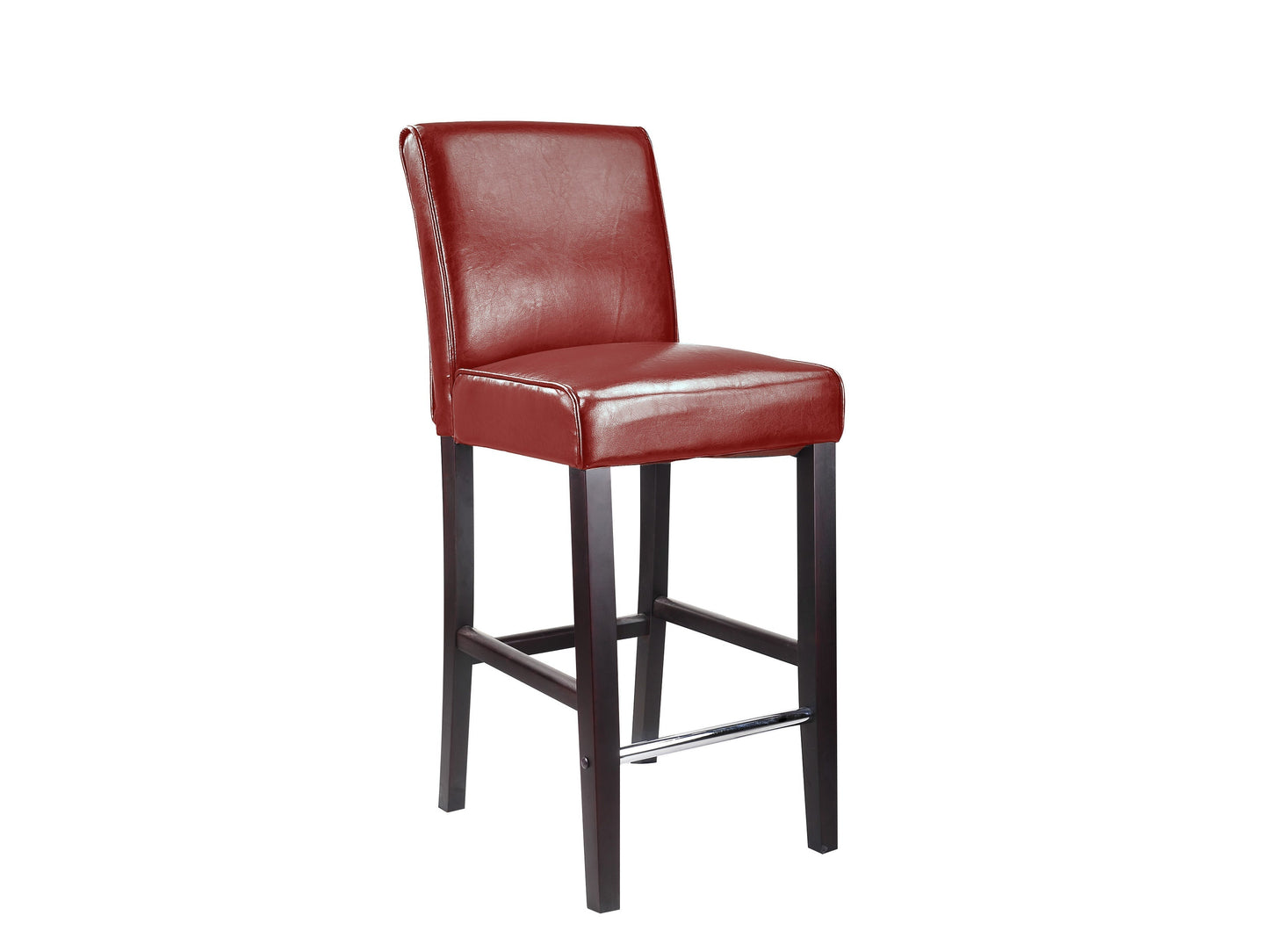 Red wooden bar stool, bar height, with curved seat and sturdy legs, perfect for modern kitchen or bar settings.