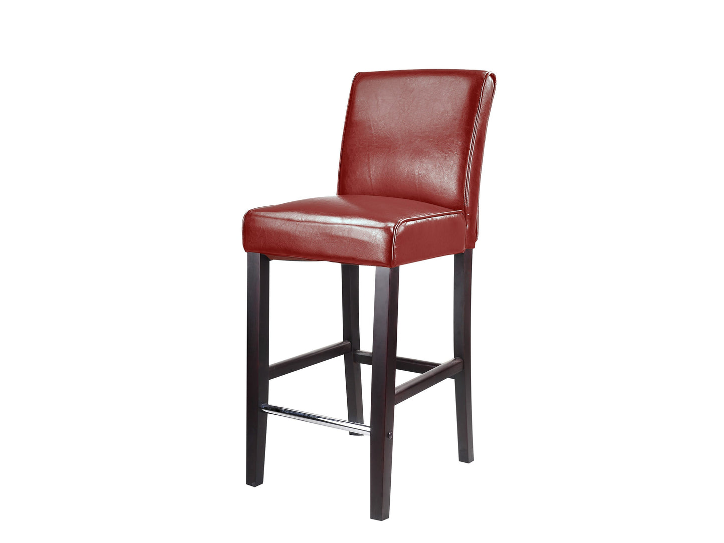 Red wooden bar stool, bar height, with curved seat and sturdy legs, perfect for modern kitchens and home bars.