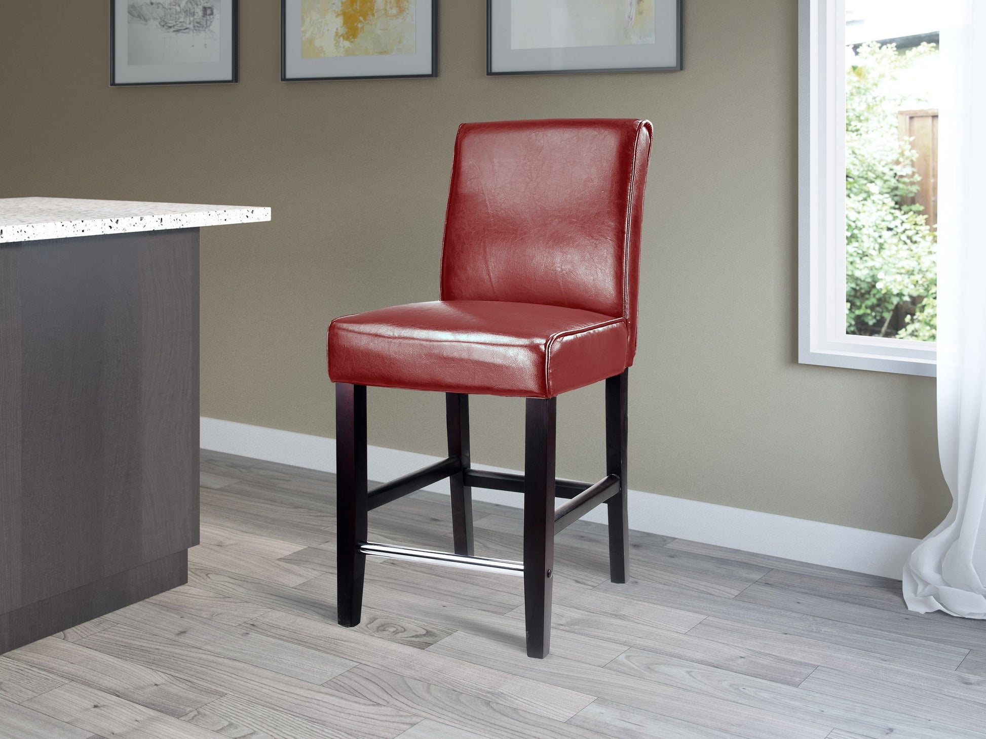 Red wooden bar stool, counter height, with curved seat and sleek design, perfect for modern kitchens and home bars.