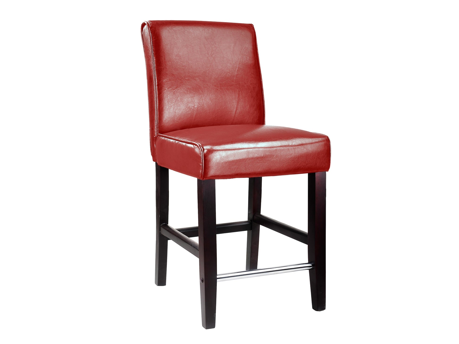 Red wooden bar stool, counter height, featuring a sleek design and sturdy construction for modern kitchens and bars.