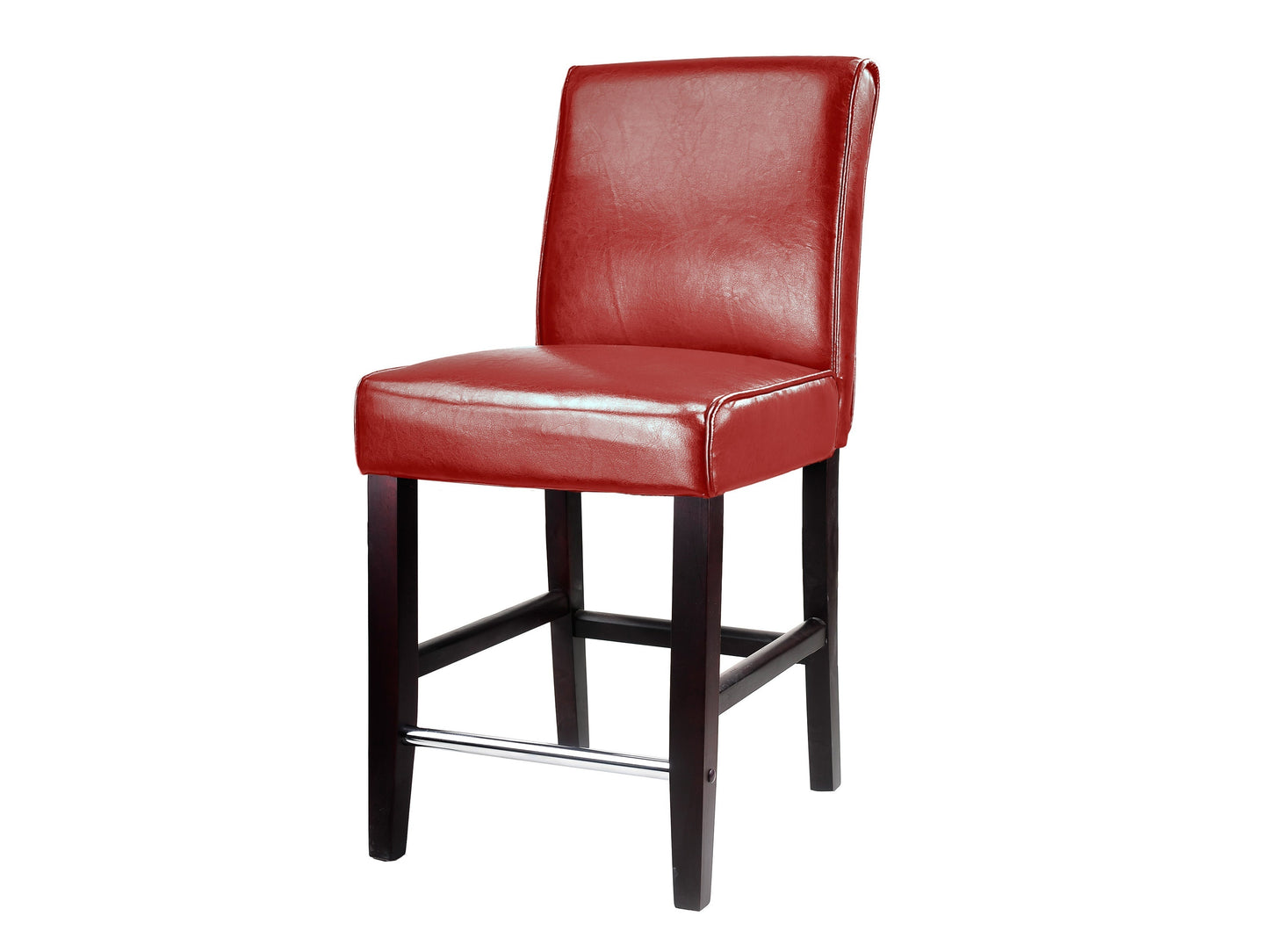 Red wooden bar stool, counter height, with a curved backrest and sleek design.