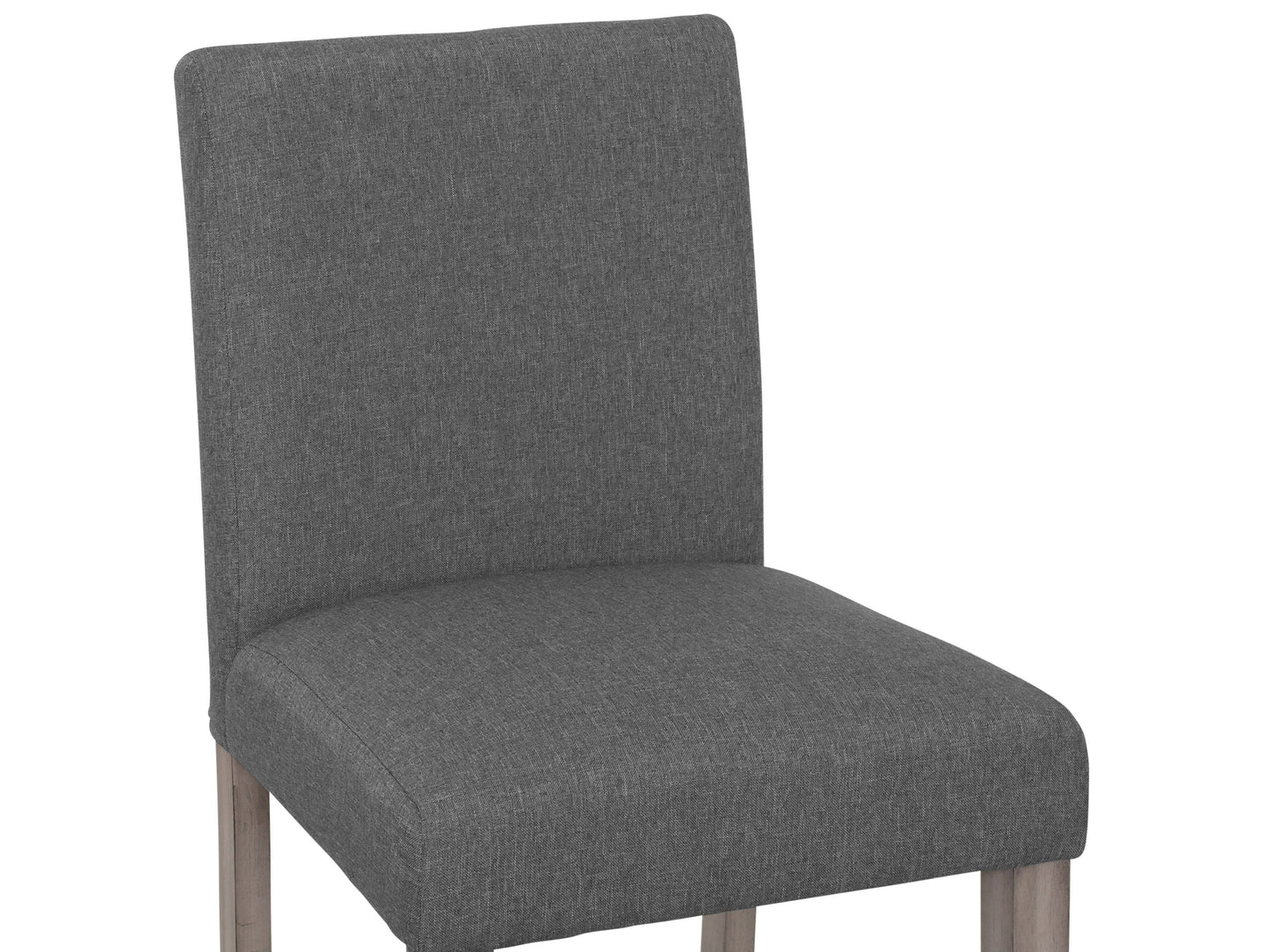 Grey fabric counter height stool with padded seat, sleek black metal legs, and a minimalist design.