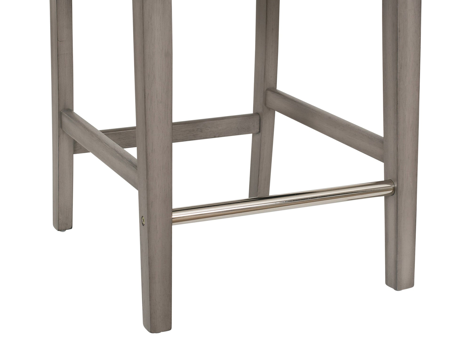 Grey fabric counter height bar stool with wooden legs, tufted backrest, and modern minimalist design.