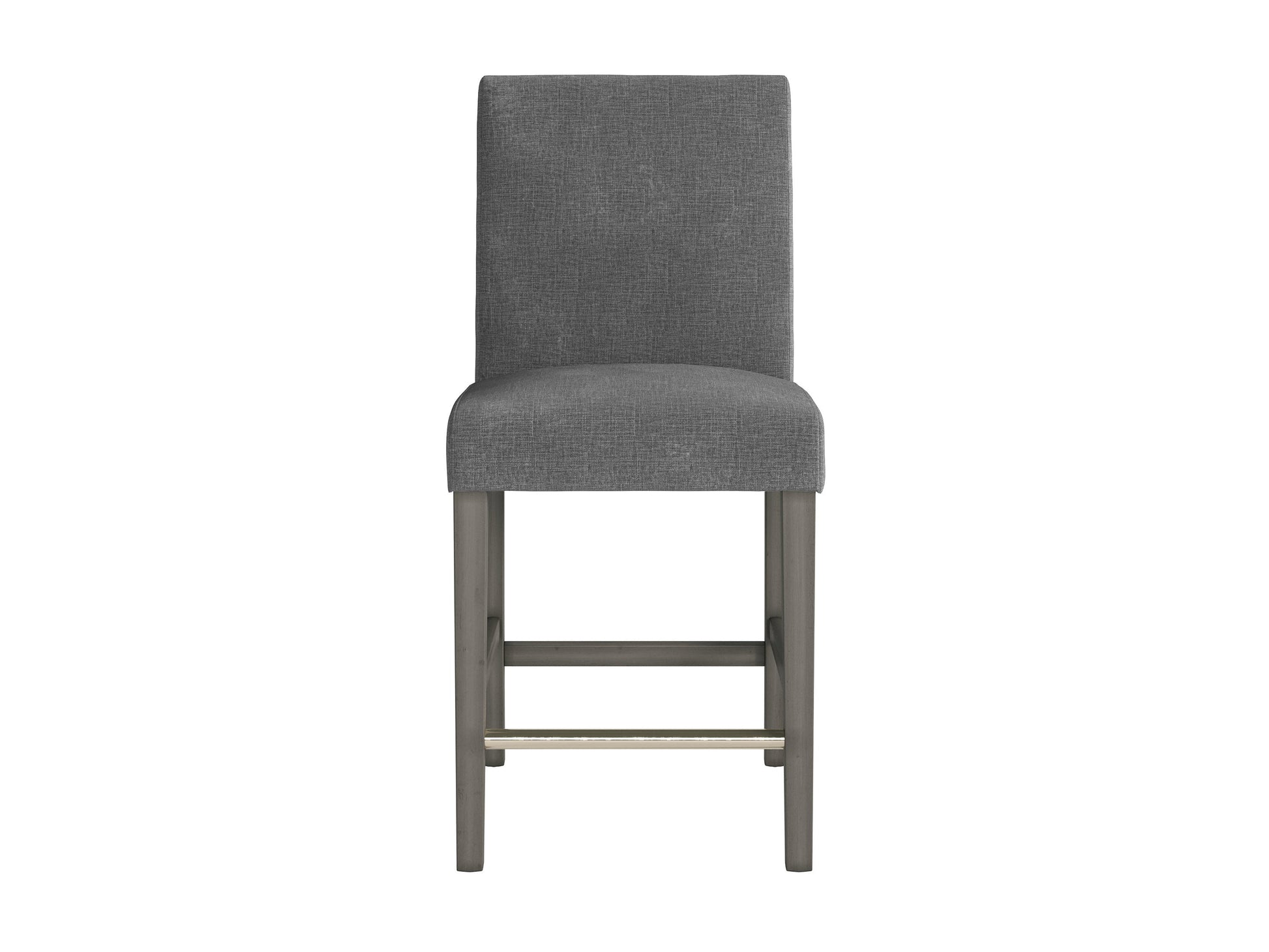 Grey fabric counter height bar stool with sleek wooden legs and tufted seat.